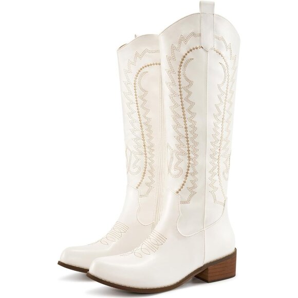 ⚡Women's White Embroidered Knee High with Chunky Heel Pointed Toe Retro Fashion - Picture 1 of 7